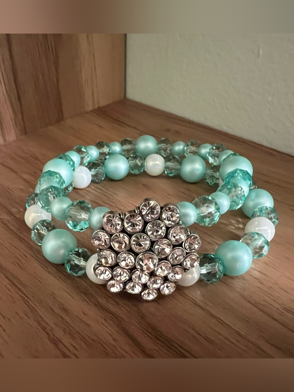 Aqua Crystal Stretch Bracelet with Rhinestone Floral Accent - Handcrafted